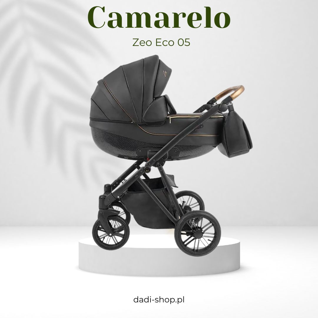 Nowoczesny czarny wózek dziecięcy 3w1 Camarelo Zeo Eco 05 – prezentacja gondoli na minimalistycznym tle, sklep Dadi Shop